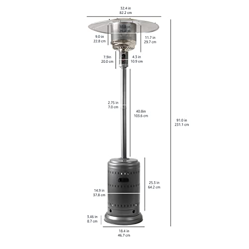 Amazon Basics 46,000 BTU Outdoor Propane Patio Heater with Wheels, Commercial & Residential, Slate Gray, 32.1 x 32.1 x 91.3 inches (LxWxH)
