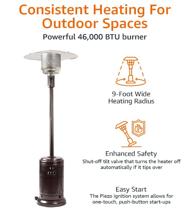 Amazon Basics 46,000 BTU Outdoor Propane Patio Heater with Wheels, Commercial & Residential, Slate Gray, 32.1 x 32.1 x 91.3 inches (LxWxH)