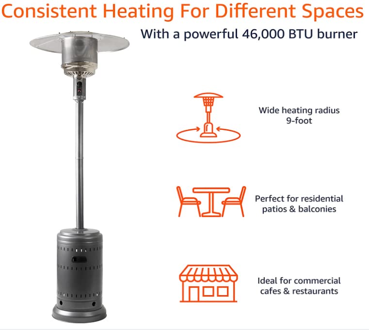 Amazon Basics 46,000 BTU Outdoor Propane Patio Heater with Wheels, Commercial & Residential, Slate Gray, 32.1 x 32.1 x 91.3 inches (LxWxH)