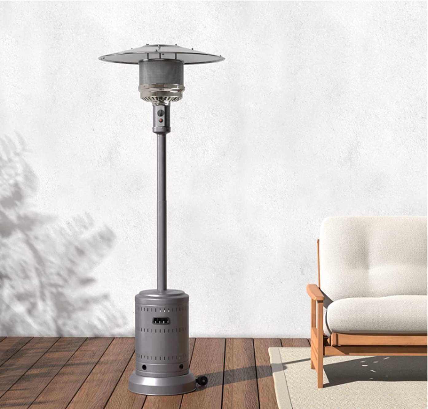 Amazon Basics 46,000 BTU Outdoor Propane Patio Heater with Wheels, Commercial & Residential, Slate Gray, 32.1 x 32.1 x 91.3 inches (LxWxH)