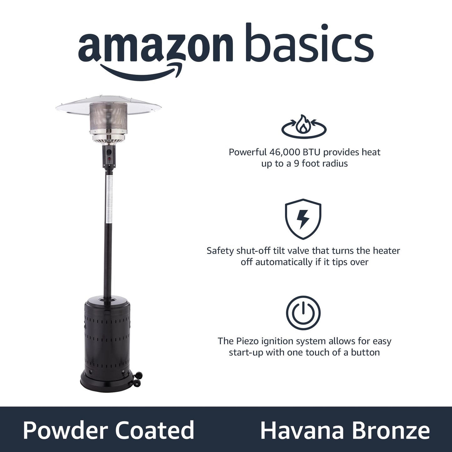 Amazon Basics 46,000 BTU Outdoor Propane Patio Heater with Wheels, Commercial & Residential, Slate Gray, 32.1 x 32.1 x 91.3 inches (LxWxH)
