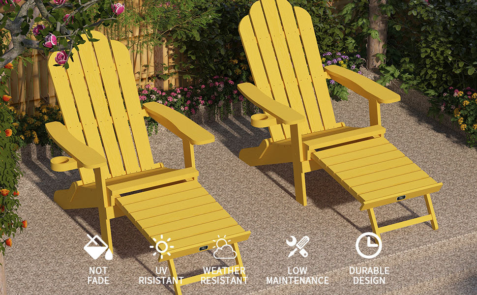 TALE Folding Adirondack Chair With Pullout Ottoman With Cup Holder, Oaversized, Poly Lumber,  For Patio Deck Garden, Backyard Furniture, Easy To Install,.Banned From Selling On Amazon
