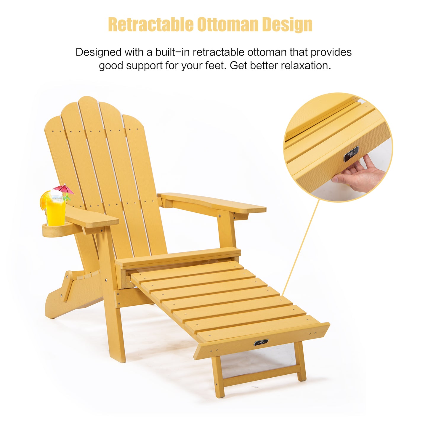 TALE Folding Adirondack Chair With Pullout Ottoman With Cup Holder, Oaversized, Poly Lumber,  For Patio Deck Garden, Backyard Furniture, Easy To Install,.Banned From Selling On Amazon
