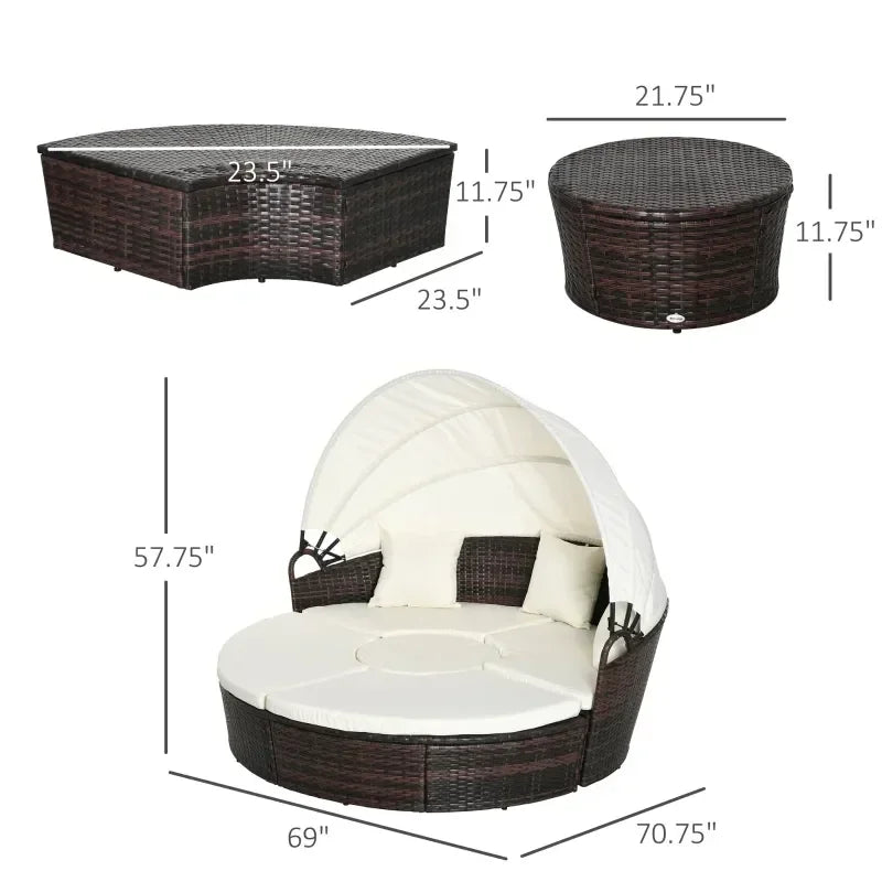 Round Outdoor Sectional Sofa Set Rattan Daybed Sunbed with Retractable Canopy, Separate Seating and Removable Cushion (White)