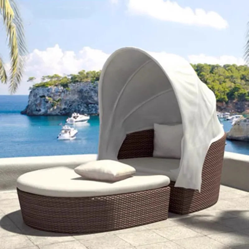 Outdoor recreation, rattan round bed villa, sun bed, Nordic open-air courtyard, shaded swimming pool, lazy bed and lounger