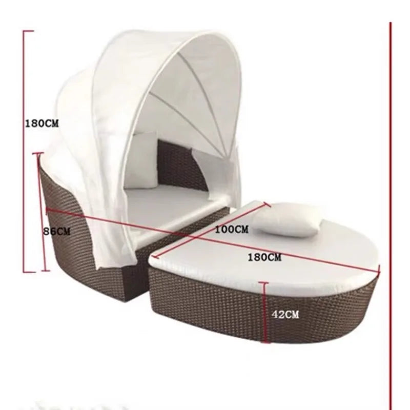 Outdoor recreation, rattan round bed villa, sun bed, Nordic open-air courtyard, shaded swimming pool, lazy bed and lounger