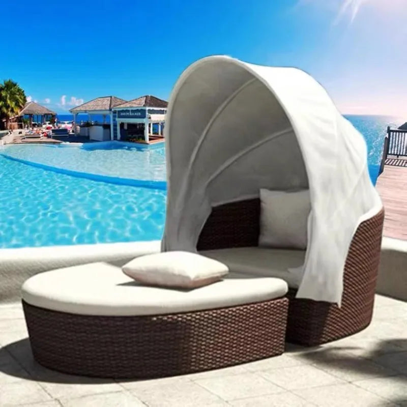 Outdoor recreation, rattan round bed villa, sun bed, Nordic open-air courtyard, shaded swimming pool, lazy bed and lounger