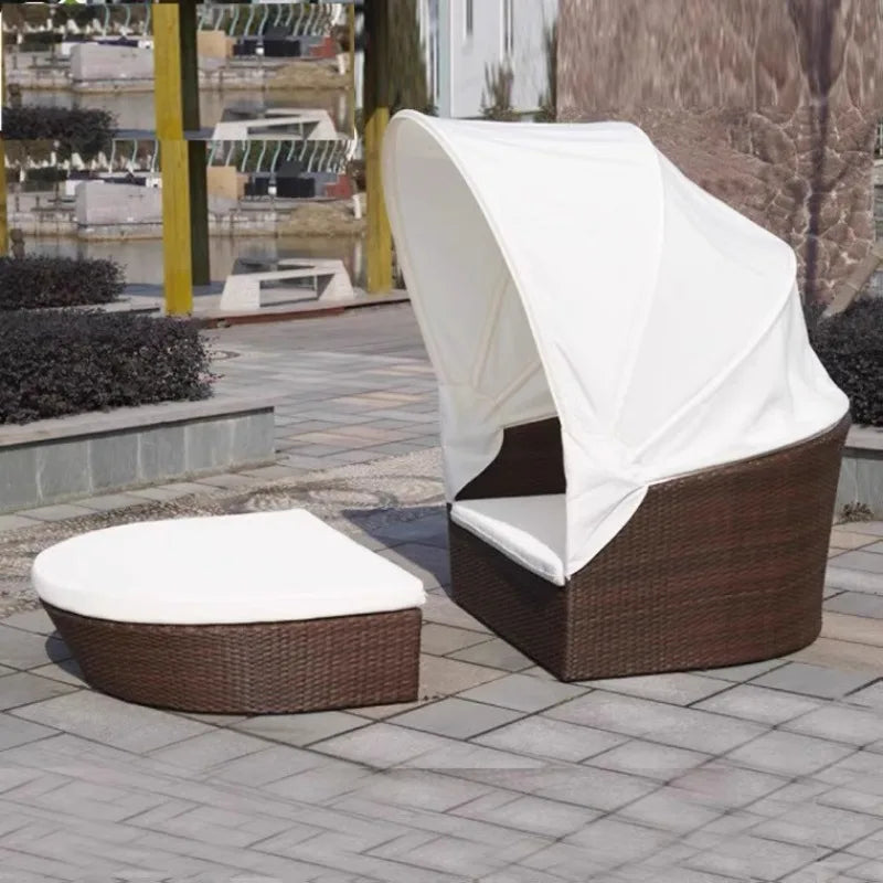 Outdoor recreation, rattan round bed villa, sun bed, Nordic open-air courtyard, shaded swimming pool, lazy bed and lounger