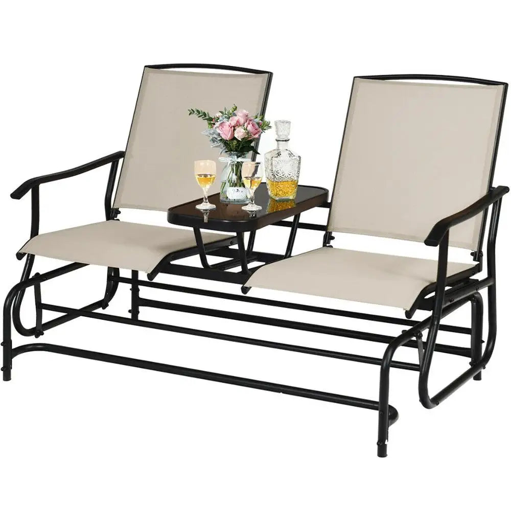 2 Person Outdoor Patio Double Glider Chair Loveseat Rocking with Center Table