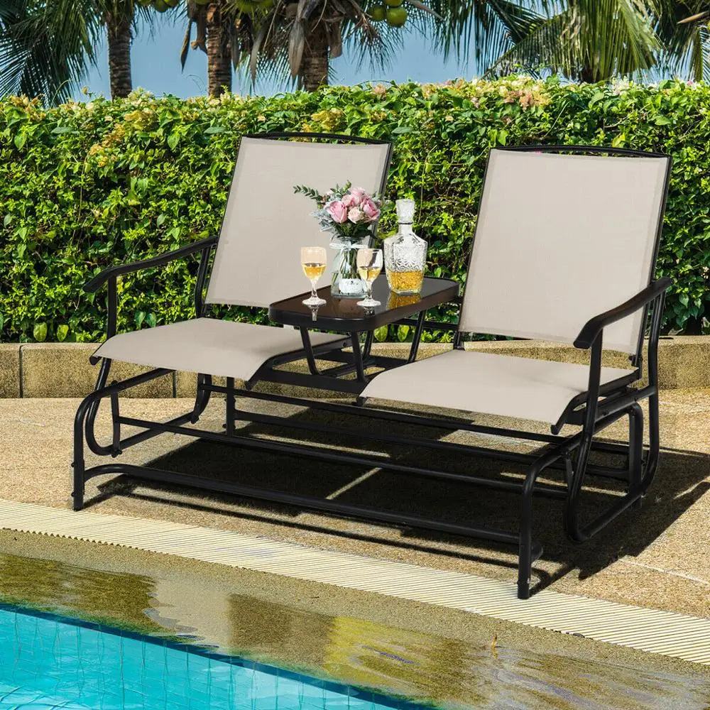 2 Person Outdoor Patio Double Glider Chair Loveseat Rocking with Center Table