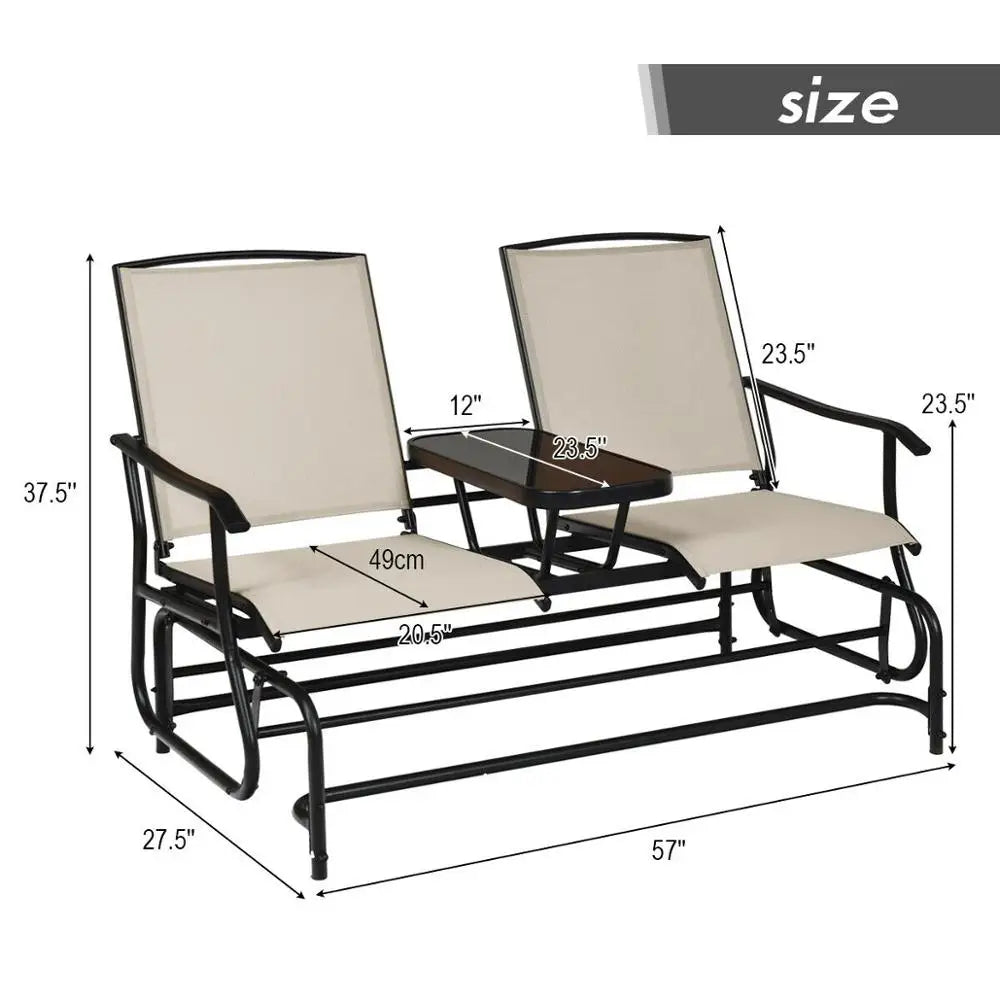 2 Person Outdoor Patio Double Glider Chair Loveseat Rocking with Center Table