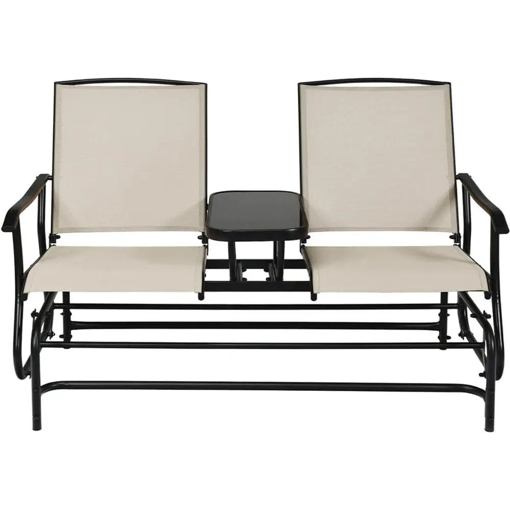 2 Person Outdoor Patio Double Glider Chair Loveseat Rocking with Center Table