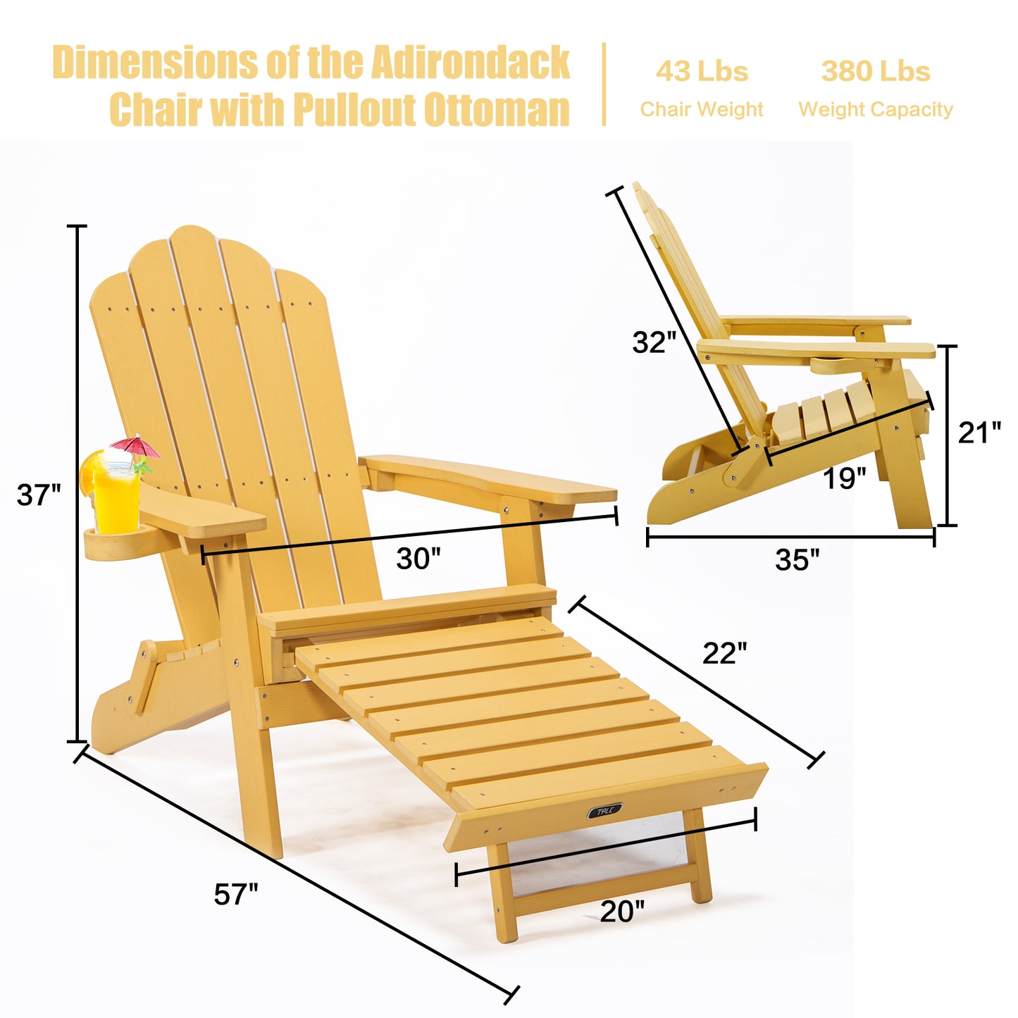 TALE Folding Adirondack Chair With Pullout Ottoman With Cup Holder, Oaversized, Poly Lumber,  For Patio Deck Garden, Backyard Furniture, Easy To Install,.Banned From Selling On Amazon